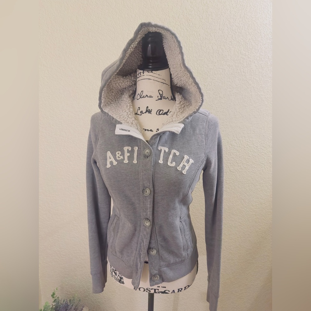 Y2K Icon! Abercrombie & Fitch Sherpa-Lined Logo Hoodie - Grey - Size Large
